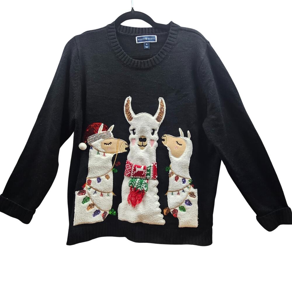 Karen Scott XL Holiday Christmas Crewneck Novelty Sweater Singing Llamas Black